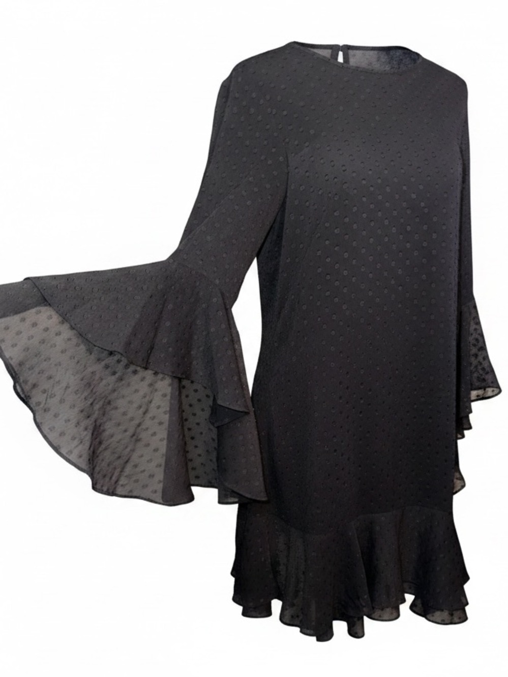 Vince Camuto Black Sheer Swiss Dot Ruffle Bell Sleeve Mini Dress, Size 14 - Picture 2 of 4